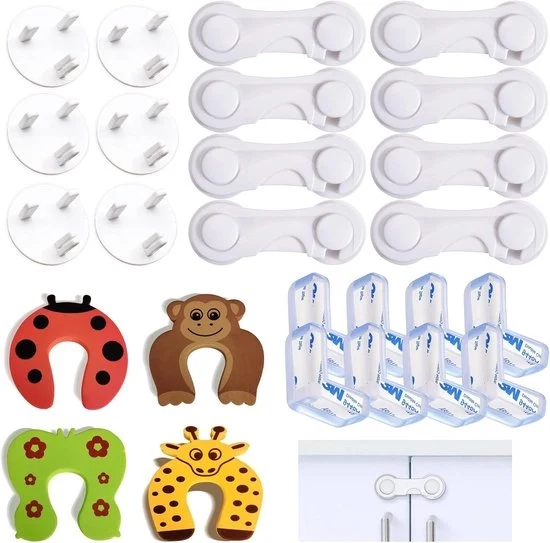 Set di serrature adesive per armadi forti - 26 pezzi con copertura - angolo anti-urto L - serrature di sicurezza per bambini - serrature in plastica per bambini - serrature per armadi da cucina per bambini