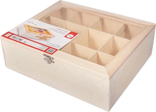 Theedoos in legno - 12 celle - naturale - 28,5 x 23,5 x 9 cm