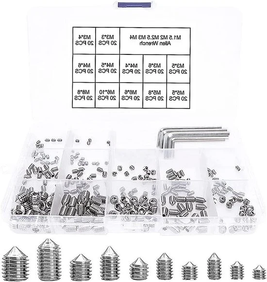 Set di Viti a Punto di Diamante RVS con Punto di Diamante Hex Metrische Bore M3 M4 M5 M6 M8 (245 pezzi) con Chiave a Punto di Diamante