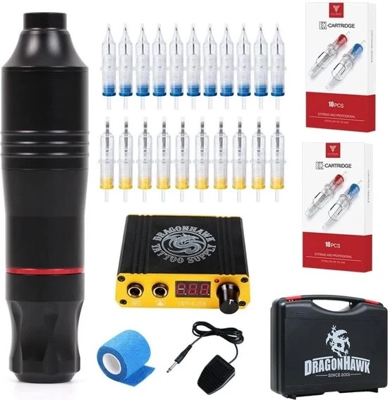 Macchina per Tatuaggi - Set Completo per Tatuaggi Professionali con 20 Aghi per Tatuaggi - Macchina per Inchiostro per Tatuaggi Set Completo adatto per un Utilizzo Lungo il Tempo - Duraturo - Nero
