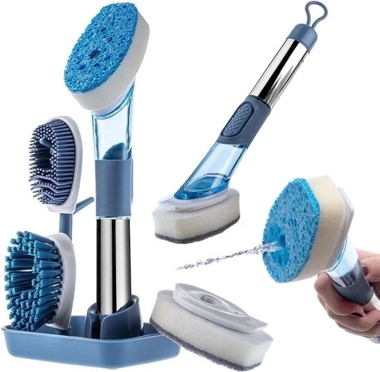 Spazzola da stoviglie multifunzionale - 4 teste di spazzola - dispensatore di detersivo - spazzola da cucina - spazzola da servizio - spazzola con dispensatore di sapone - blu Spazzola da stoviglie
