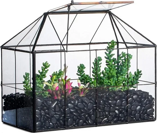 Terrario geometrico in vetro - forma casa - 1 pezzo - nero - 25 x 13,5 x 20 cm