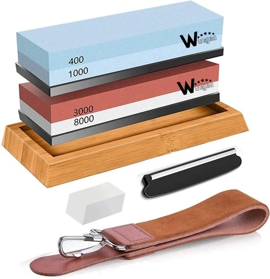 Set di Pietra di Affilatura Professionale - 8 in 1 Pietra di Affilatura - Antiscivolo e Guida Angolare - Con Cinture in Pelle