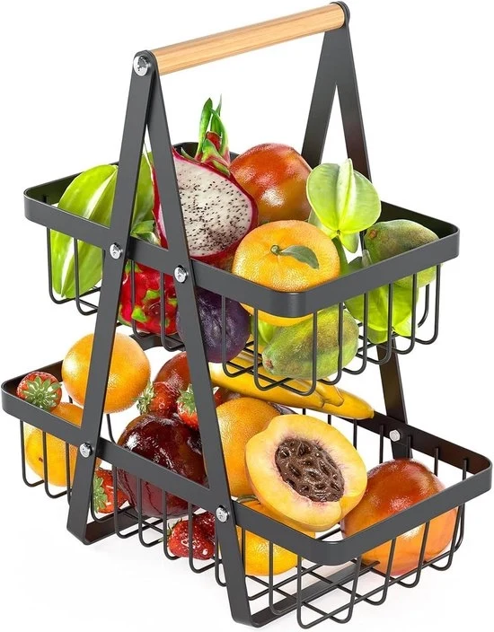 Fruitetagère a doppia altezza - cassetti rimovibili - ciotola in metallo per pane, verdure, snack - contenitore per la cucina - nero