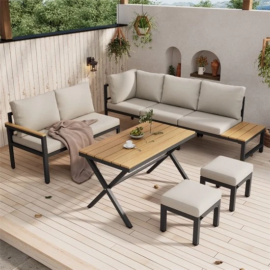 Set di mobili da giardino - Kunststof - Banca angolare - 4 pezzi - Gambe in legno