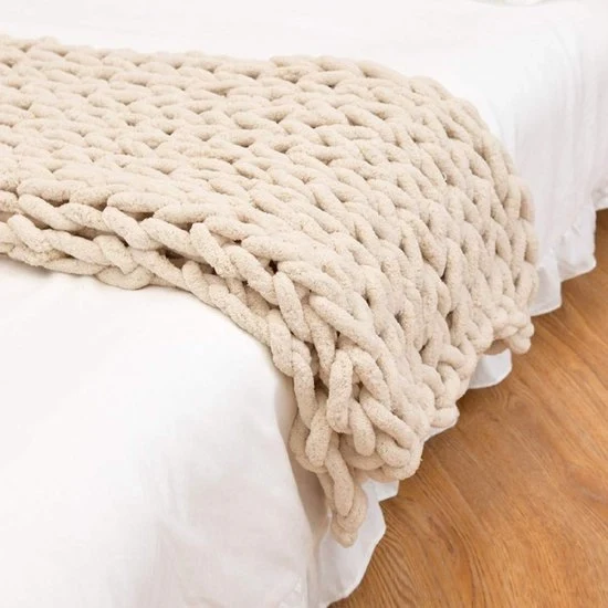 Doppia Tela Grossa a Maglia a Mano - Lana - Beige - 100 x 150 cm
