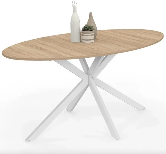 Tavolo ovale da pranzo 150 cm per 8 persone con superficie in legno e gambe metalliche bianche a vite