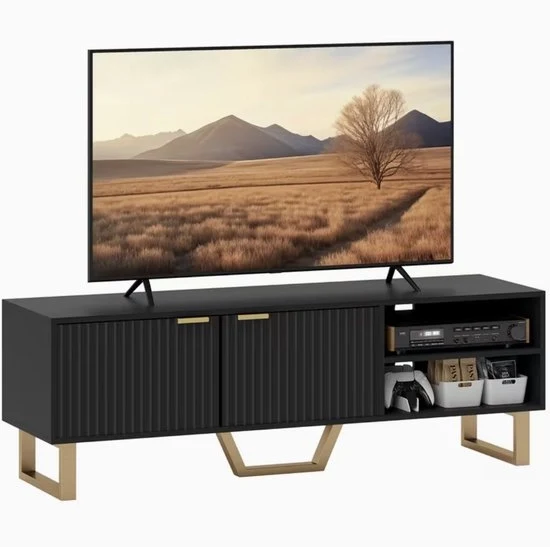 Mobili TV in Legno per TV fino a 70 Pollici – Nero – Con 2 Porte a Rilievo e Spazio Aperto – 140 x 39 x 47 cm