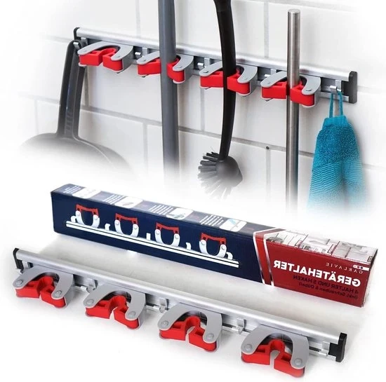 Supporto per Scopa e Scopa con 4 Orecchioni e 5 Ganci - 45cm/18in - Soluzione di Organizzazione per Gli Strumenti di Giardino & Cucina