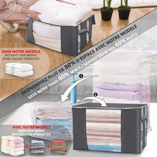 Tas di stoccaggio extra grande con compressore, 3 sacchi di stoccaggio a vuoto, 3 cassette di stoccaggio con maniglia e chiusura a zip, per abbigliamento, coperte, lenzuola, 3 x sacchi di stoccaggio a vuoto + 3 x cassette di stoccaggio, colore grigio.