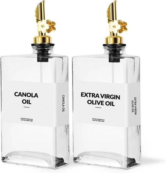Set di 2 Flessi di Olio e Aceto – 350 ml Dispensatore di Olio con Beccuccio – Incluso 40 Etichette e Cucchiaio – Per Olio d'Olio, Insalata e Cucina – Bianco con Beccuccio d'Oro