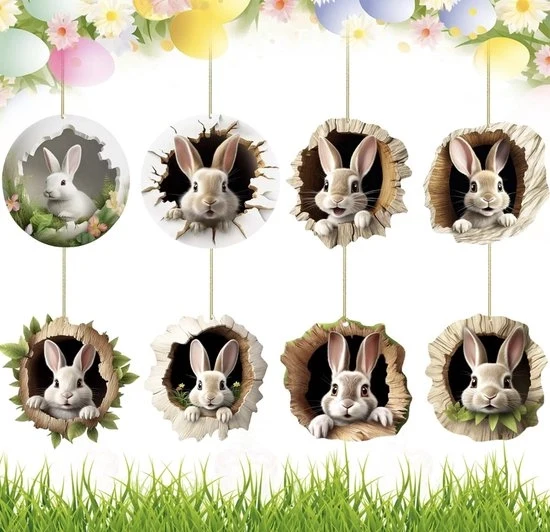 Set di 8 Pannelli Decorativi Acrilici con Conigli | Decorazione di Pasqua per Interno e Esterno, 2D Coniglio Decorazione da Appendere, Decorazione per Finestre, Pannelli Decorativi di Pasqua, Decorazione di Pasqua con Lenzuola, Ornamento di Pasqua