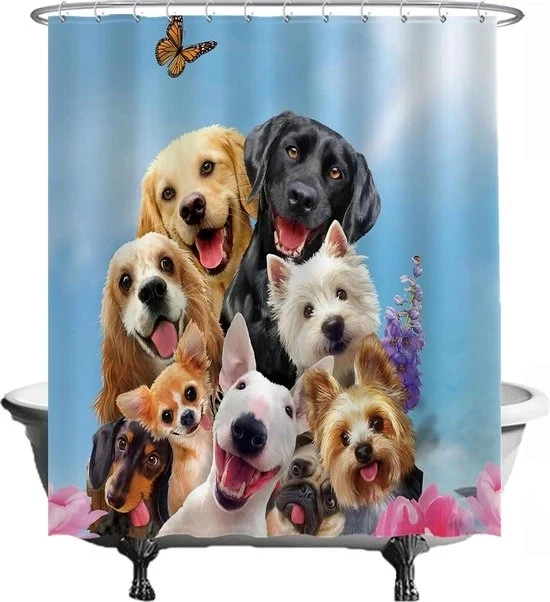 Douchegordino - 180 x 200 cm - Lavabile - Antimuffa - con 12 anelli - Blu Nero Beige Bianco Rosa - Tema Cane douchegordino 120x200