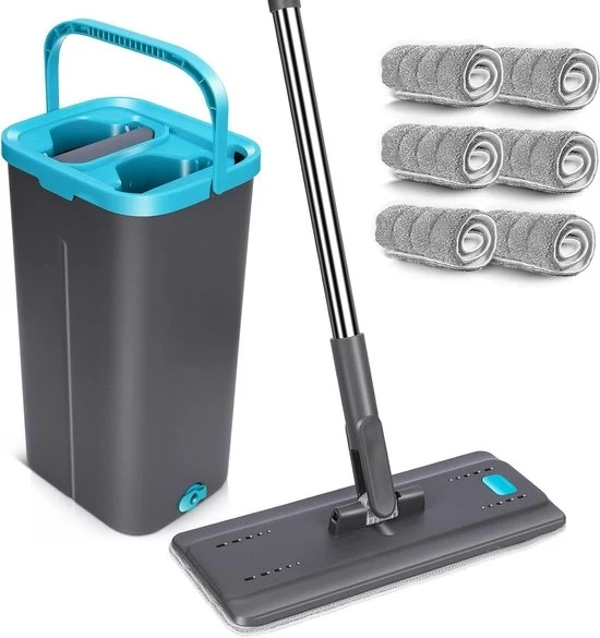 Dweil a microvezel lungo 149 cm con sistema di asciugatura - Secchio con funzione di asciugatura automatica - Mani pulite - Mop rotante - Secchio con 6 spugne riciclabili - Maniglie in acciaio inossidabile