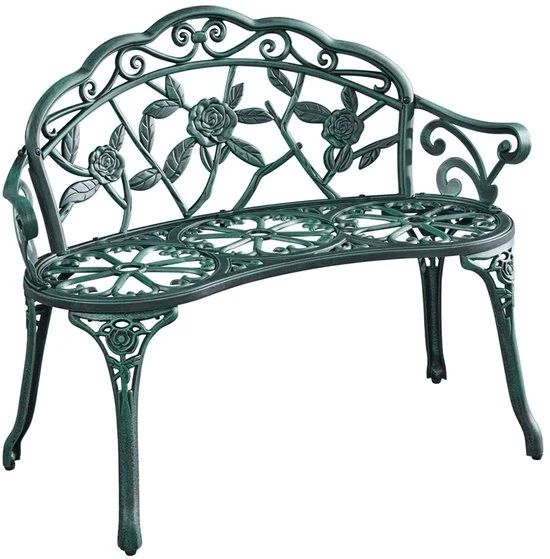 Bancopark metallo, banco da giardino in alluminio, resistente all'usura, con schienale e braccioli, mobili da giardino per terrazza, balcone, giardino, verde.