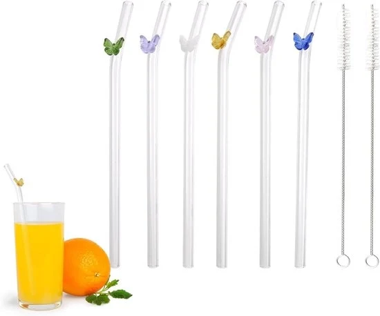 Set di paletti in vetro riciclabile - trasparente con farfalle colorate - 6 pezzi inclusi spazzola per pulizia - adatto per smoothie, cocktail, succhi, caffè