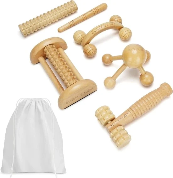 Kit di Terapia con Madera per la Riduzione del Dolore Muscolare - Strumenti per la Massoterapia e Borsa di Coton - Rullo Anticellulite in Legno - Kit Professionale per la Terapia con Madera per la Riduzione del Dolore Muscolare