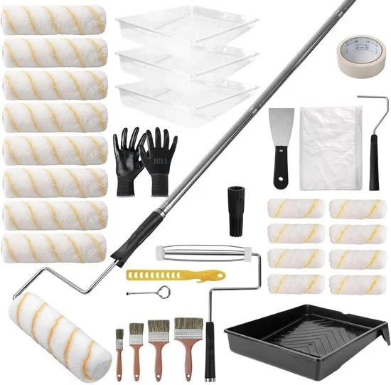Set di pennelli a rullo da 33 pezzi con maniglia telescopica e contenitori per vernice set di pennelli a scomparsa professionale per parete e soffitto