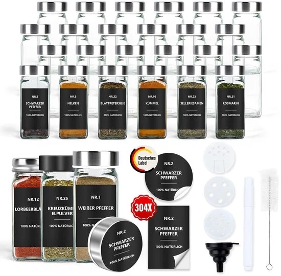 Set di contenitori per erbe quadrati - lotto da 24 pezzi - contenitori per erbe in vetro 120 ml - etichette idrorepellenti - contenitore per cucina - contenitori per erbe quadrati