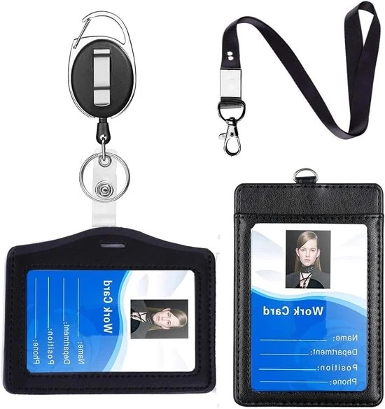 Set di Badge in Pelle con Lanyard doppio lato - Porta ID Carta - 4 pezzi - Nero