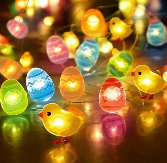 Fili di illuminazione LED per Pasqua 2 m – 20 uova di Pasqua e pulcini – alimentato da batterie per interni ed esterni