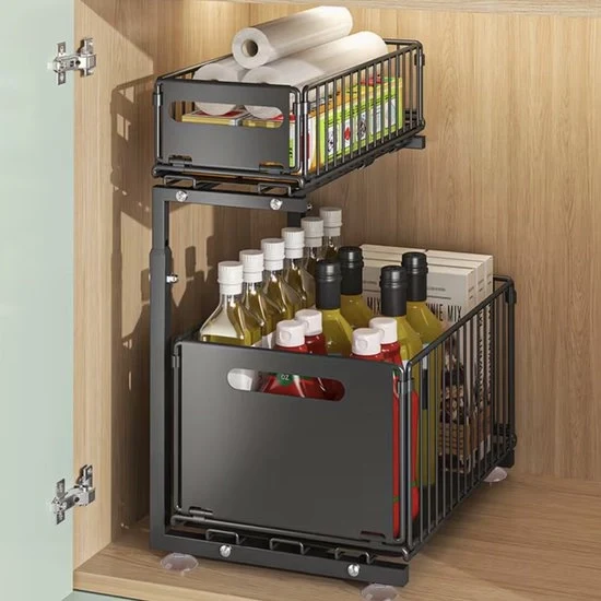 Organizzatore a doppia piastra estensibile – Credenza da cucina regolabile – Sistema di archiviazione sotto il lavello con cassetto – Per spezie e accessori da cucina