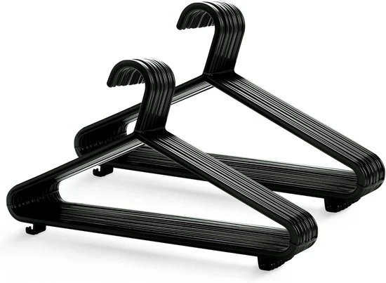 Hangers per abito in plastica nera per adulti con stanghetta per pantaloni e bavetta - 375 cm largo - 25pz