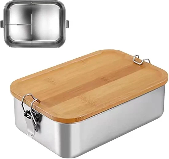 Lunchbox in Acciaio Inox con Copertura in Bambù - Sostenibile e Portatile - 1 pezzo