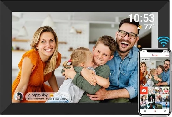 Supporta fino a 10 foto, compatibile con dispositivi iOS e Android, con connessione Wi-Fi, display LCD, batteria ricaricabile, dimensioni 15x15x3 cm, peso 220g.