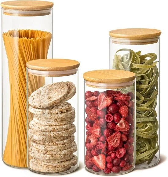 Set di contenitori di stoccaggio in vetro con coperchio in bambù - 4x multi-materiale - Set di 4 contenitori a chiusura ermetica - Resistenti al lavastoviglie