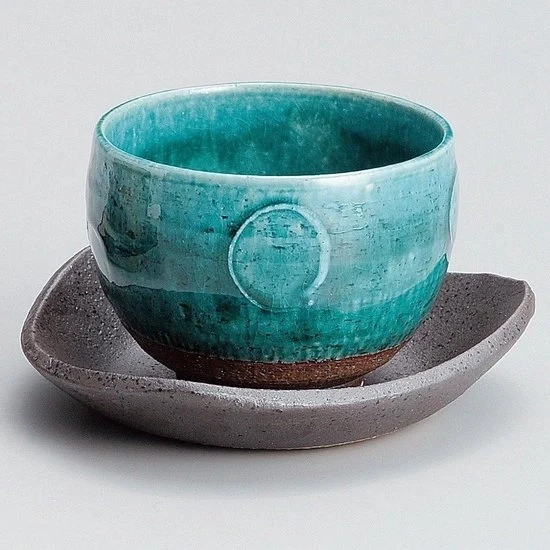 Tazza giapponese in ceramica Mino-Yaki con piatto - blu turquesa - 220 cc - importazione - M1364