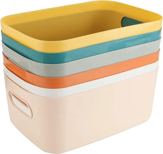 Scatola di archiviazione in plastica per 6 pezzi, disponibile in diverse colori, dimensioni 24 x 16 x 9 cm, adatta per cucina, ufficio, bagno, giocattoli, con maniglie e contenitori apribili.