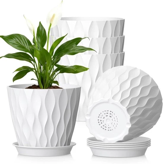 Set di 5 Vasi di Fiori Bianchi da 7 Pollici | Vasi di Plastica per Piante con Fessure di Drenaggio e Coperchi | Per Piante da Interno e Esterno