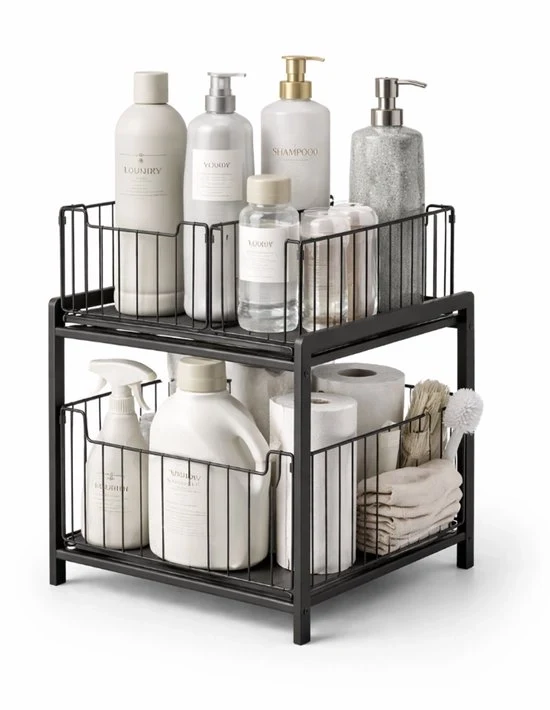 Scaffale a doppia pianta per sottocasa - contenitore estensibile e regolabile in altezza per cucina, bagno e armadietto