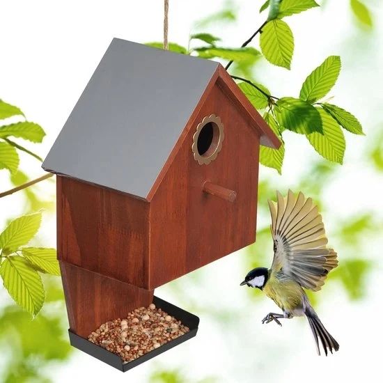 Casa per Uccelli Sospesa con Vasca Cibaria - Adatta per Piccoli Uccelli Selvatici - Legno