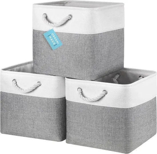 Set di contenitori di archiviazione in tre materiali di cassetti cubici con maniglie 30 x 30 cm pieghevoli per armadi, cassetti e cameretta dei bambini grigio bianco