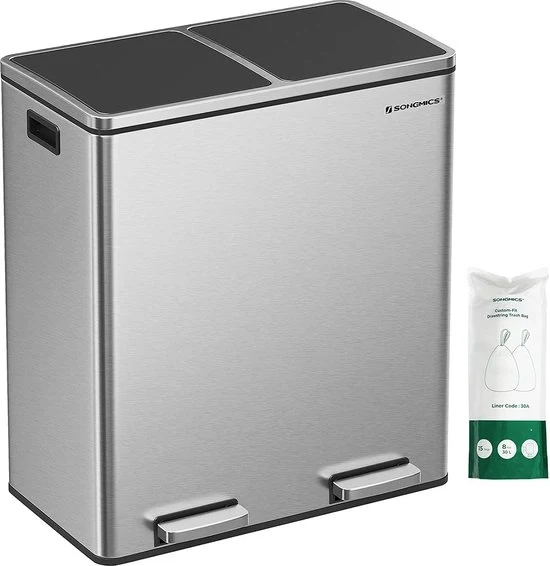 Contenitore Rifiuti, Sistema di Separazione Rifiuti con 2 contenitori interni in plastica, 2 x 30 L pedaliere, contenitore rifiuti con pedale, maniglie, Cassetto Rifiuti in Acciaio Inox