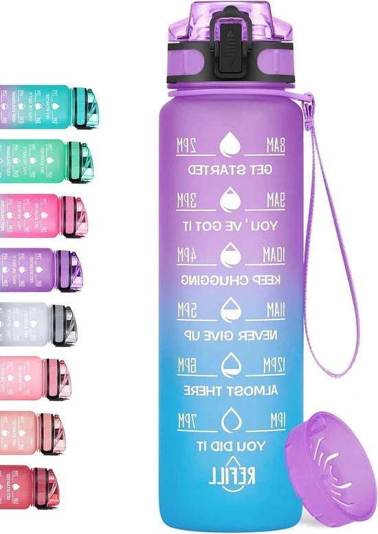 Bottiglia da 1 litro - Marcatura del tempo - Impermeabile - Blu viola - Tritan