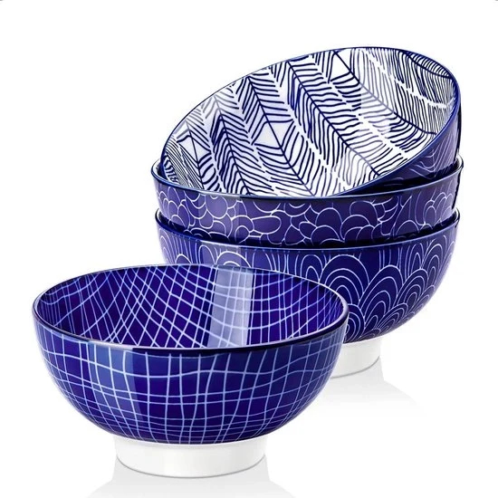 Set di porcellane a mano dipinte a grana fine, 14 oz, set da 4 pezzi, magnetron e lavastoviglie resistente, adatto per noodle, zuppa, insalata, dessert, pasta, frutta, gelato