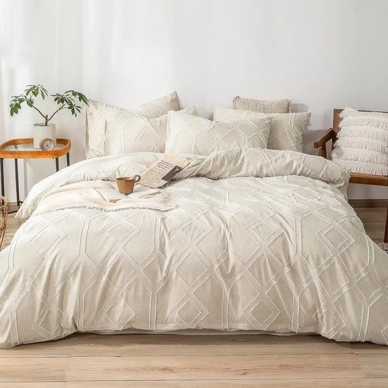 Set di coperte da letto Boho con decorazione a maglia Shabby Chic, 1 x coperta da letto 200 x 220 cm con 2 x cuscini 80 x 80 cm e chiusura a raccordo, set di coperte da letto moderno 100% microfibra - beige