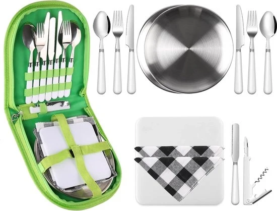 Set da campeggio 13 pezzi, set da viaggio con forchette, coltello da colazione, cucchiaio, coltello, apripettti, piatti e ideale per viaggi in servizio da tavola all'aperto, per escursioni e campeggio, adatto per 2 persone