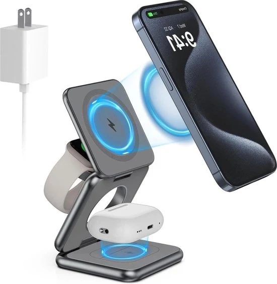 Oplader 3 in 1 Opvouwbaar Magnetico per iPhone 15-14-13-12 serie Apple Watch 9-Ultra-8-7 AirPods 3-2-Pro-Pro 2 - Grigio Oplader