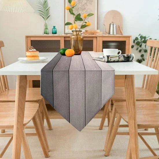 Tavolo da pranzo con motivo di legno - adatto per ogni tavolo - 1 pezzo - grigio - lino - 33 x 183 cm