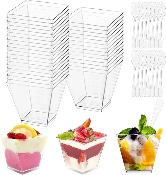 Dessertkomme riciclabile - Bicchieri per dessert con cucchiai - 50 pezzi - 60 ml - Per uso domestico, picnic & festa