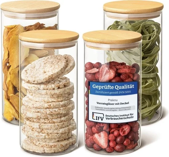 Set di contenitori di stoccaggio in vetro 4 pezzi – 1,2L – Strettamente sigillati con 8 chiusure – Contenitori di stoccaggio con coperchio – Resistente al lavastoviglie