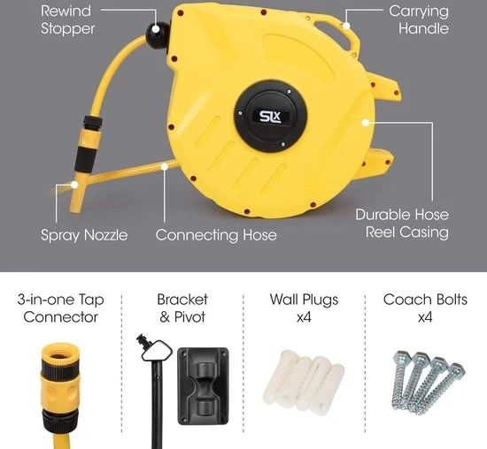 Slanghaspel da 20 m con funzione di ritiro automatico - Tubo di tubo da giardino con funzione di autoavvolgimento - Manuale 180 ° rotativo - 2-in-1 getto o spray - Sistema di blocco automatico - Pistola da giardino con haspel da giardino