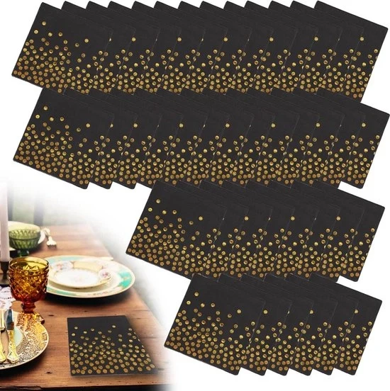 Serviette in carta nera con punti dorati - 33 x 33 cm - decorazione per compleanni matrimoni e cene - 80 fogli di serviette in carta