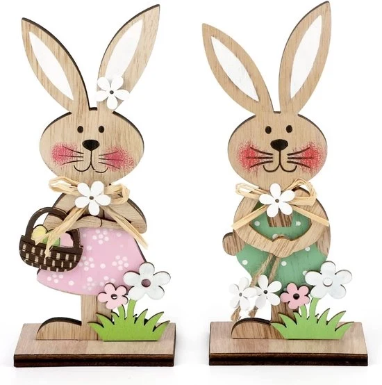 Decorazione di Pasqua in legno, paas decorazione in legno da posizionare, figurine di coniglio di Pasqua in legno, set di 2 figure decorative da appendere per Pasqua, decorazione di Pasqua per giardino.