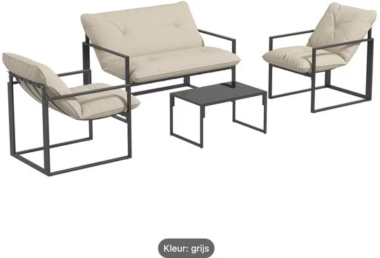 Set di mobili da giardino per 4 persone con 2 divani, 2 poltrone e tavolo salotto in acciaio nero con cuscini beige per terrazza e giardino