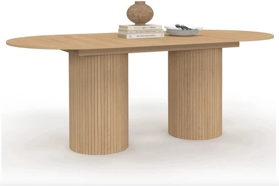 Tavolo da pranzo ovale estendibile per 6-10 persone con gambe cilindriche in legno 160-200 cm - Design moderno - Finitura in legno - Mobili per soggiorno - Costruzione duratura - Finitura lussuosa - Interni senza tempo - Adatto per uso quotidiano
